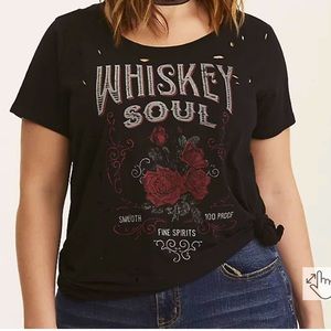Torrid black distressed destructed cut rose whiskey soul goth punk graphic tee